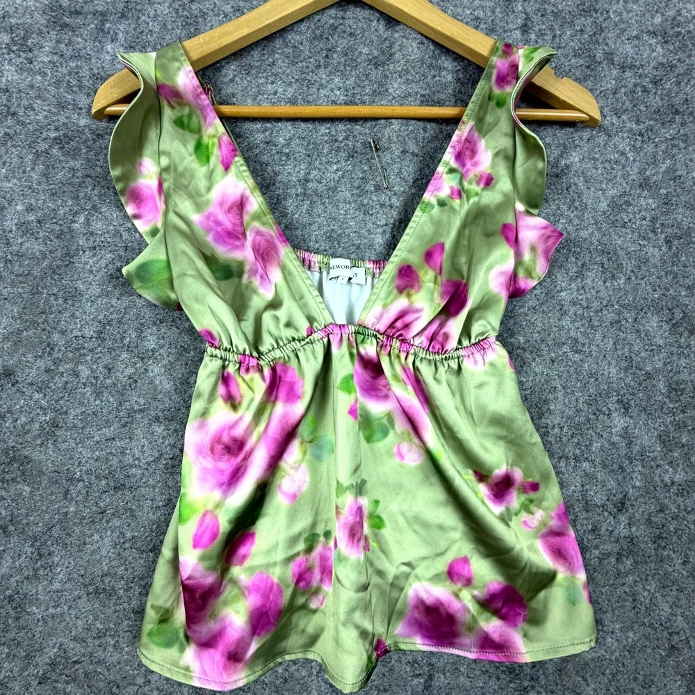 WeWoreWhat Ruffle Silky Sleeve Top Womens Small Green Purple Floral Plunge Neck